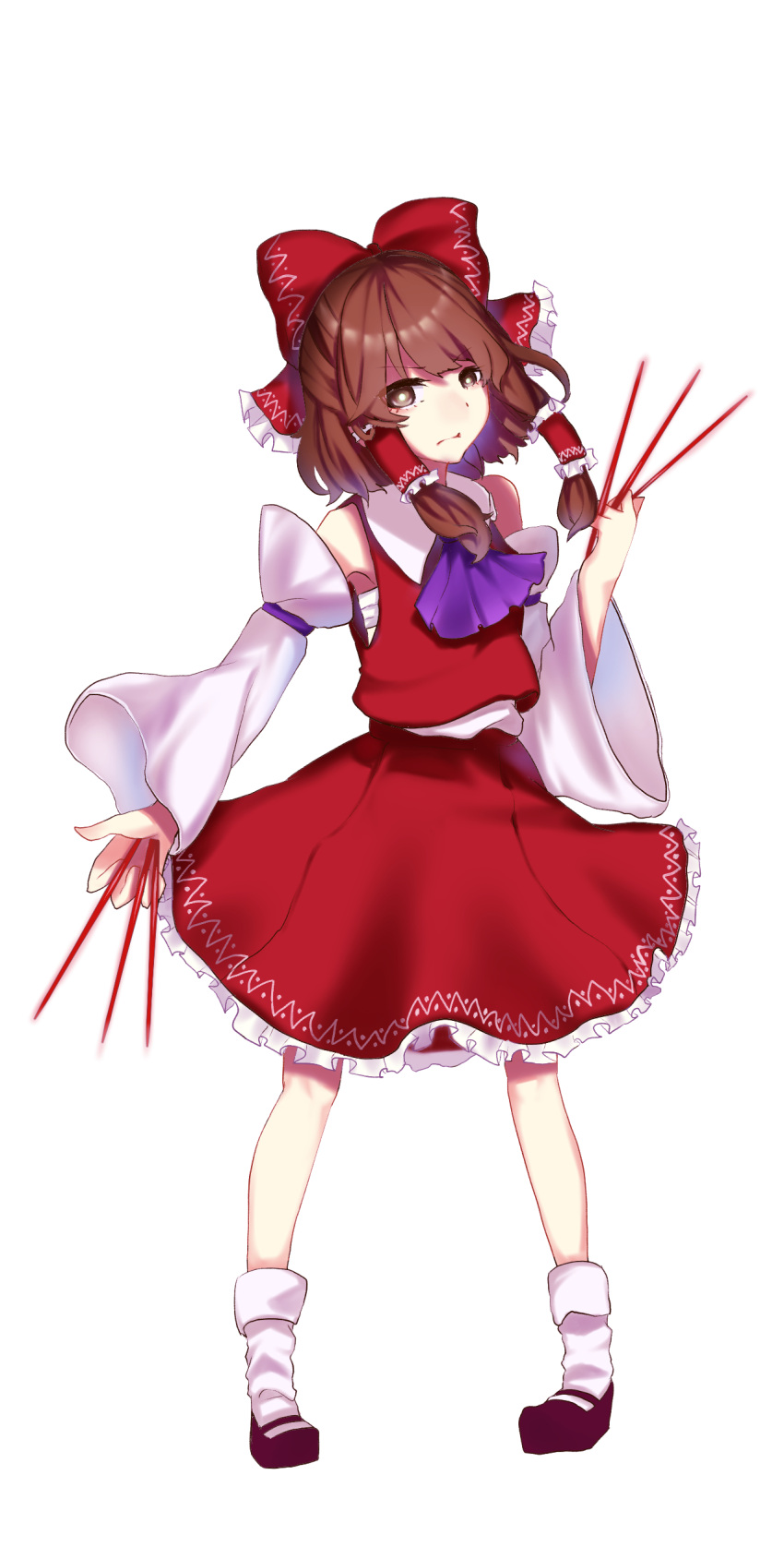 1girl absurdres ascot bow brown_eyes brown_footwear brown_hair detached_sleeves expressionless hair_bow hair_tubes hakurei_reimu highres ishikawa_sparerib looking_at_viewer mary_janes pigeon-toed purple_ascot purple_ribbon red_bow ribbon sarashi shoes sidelocks solo touhou white_background white_sleeves wide_sleeves