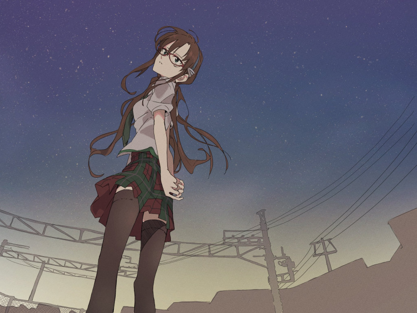 1girl 946083d1 arms_behind_back blue_hairband brown_hair brown_thighhighs chain-link_fence fence film_grain green_eyes green_necktie green_skirt hair_between_eyes hairband hatching_(texture) highres long_hair makinami_mari_illustrious multicolored_clothes multicolored_skirt necktie neon_genesis_evangelion outdoors parted_lips plaid plaid_skirt red-framed_eyewear red_skirt silhouette skirt sky solo star_(sky) starry_sky thigh-highs twintails utility_pole