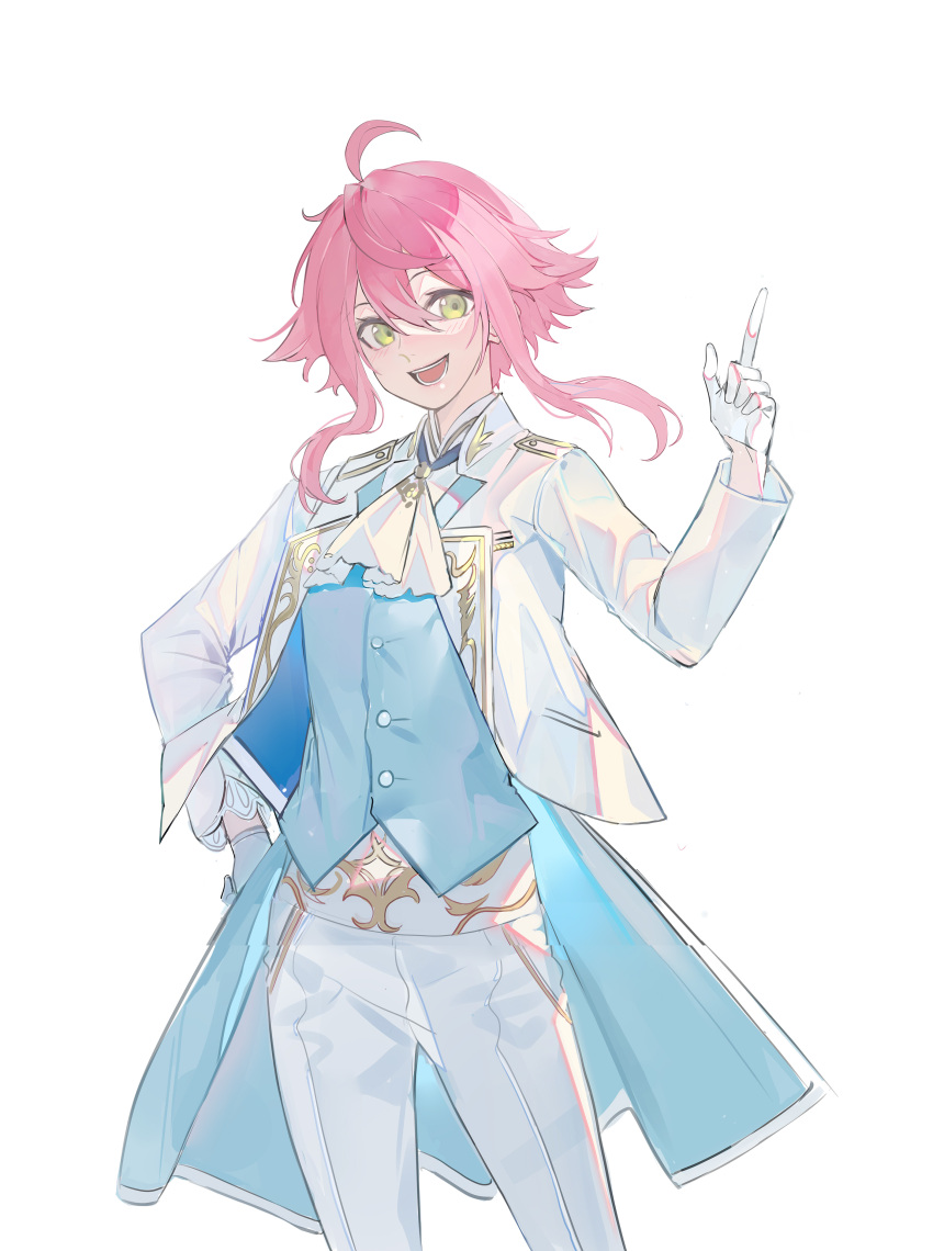 :d absurdres ahoge bangs blue_vest blush commentary_request echj ensemble_stars! gloves green_eyes hair_between_eyes hand_on_hip hand_up highres himemiya_touri index_finger_raised jacket long_hair looking_at_viewer open_clothes open_jacket pants pink_hair shirt simple_background smile vest white_background white_gloves white_jacket white_pants white_shirt