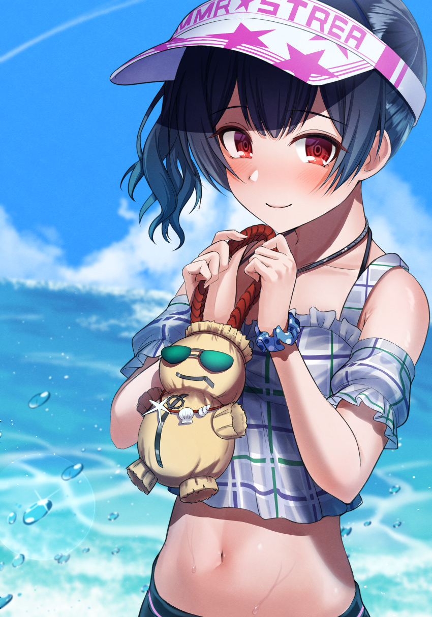 1girl absurdres bangs blue_sky blush checkered_clothes checkered_shirt clouds collarbone commentary_request day frilled_sleeves frills hands_up highres idolmaster idolmaster_shiny_colors looking_at_viewer midriff morino_rinze navel ocean osoba_susurukun outdoors over_shoulder purple_shirt red_eyes scrunchie shell shirt short_sleeves side_ponytail sidelocks sky smile solo stuffed_toy sunglasses visor_cap water_drop wavy_hair white_headwear wrist_scrunchie zipper zipper_pull_tab