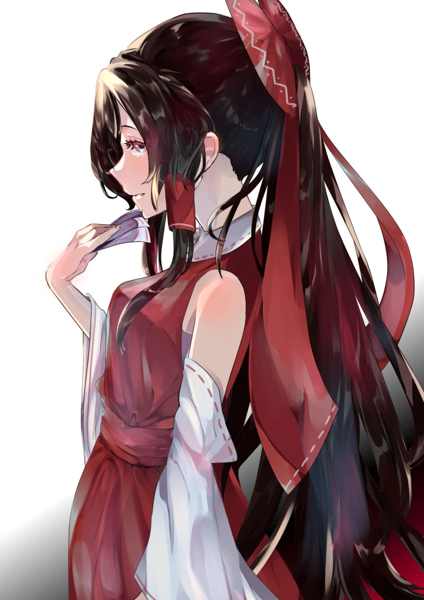 1girl blue_eyes bow brown_hair detached_sleeves from_side hair_bow hair_tubes hakurei_reimu highres holding long_hair long_sleeves nail_polish parted_lips profile red_bow red_nails red_shirt ribbon-trimmed_sleeves ribbon_trim sawararado shiny shiny_hair shirt sleeveless sleeveless_shirt smile solo standing touhou very_long_hair white_background white_sleeves