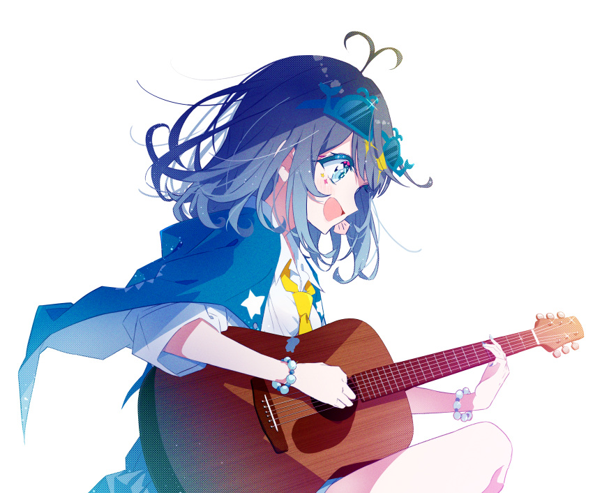 1girl :d absurdres ahoge bangs blue_eyes blue_hair blush bokkun_(doyagaobyo) bracelet capelet collared_shirt commentary_request eyewear_on_head facepaint guitar highres indie_virtual_youtuber instrument jewelry kuzisaki looking_to_the_side music necktie open_mouth pearl_bracelet playing_instrument seashell shell shell_hair_ornament shirt short_hair simple_background sitting sleeves_rolled_up smile solo sunglasses virtual_youtuber white_background white_shirt yellow_necktie