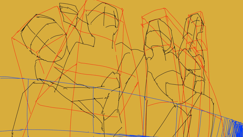 4others 946083d1 highres multiple_others original perspective simple_background sitting sketch standing yellow_background