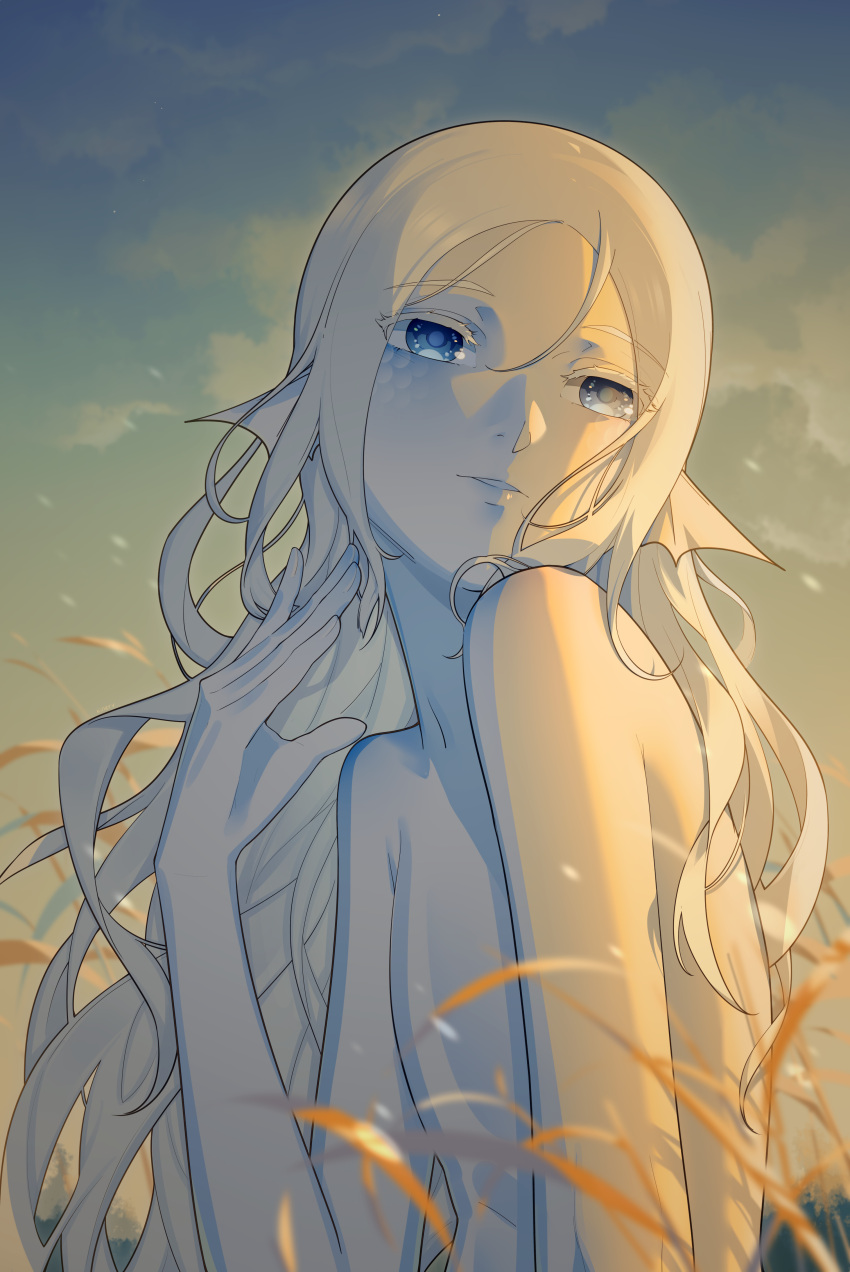 1boy absurdres albino androgynous blue_eyes colored_eyelashes colored_skin hand_up head_fins head_tilt highres kinerv long_hair male_focus merman monster_boy original outdoors parted_lips sky solo upper_body white_hair white_scales white_skin