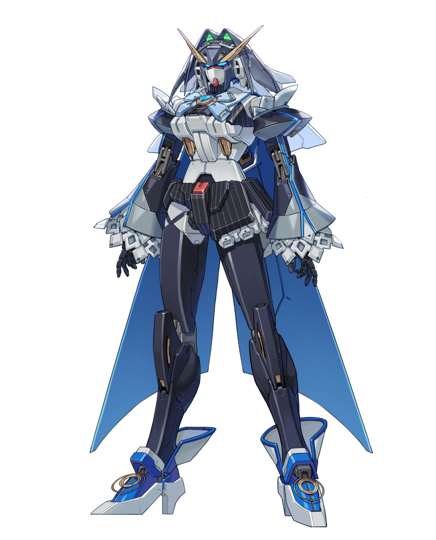 absurdres arms_at_sides blue_eyes english_commentary full_body gundam haje highres hololive hololive_english joints mecha mechanization no_humans ouro_kronii robot robot_joints science_fiction solo standing v-fin white_background wide_sleeves