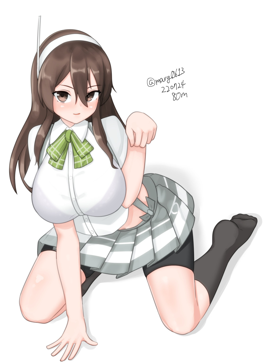 1girl absurdres all_fours arm_warmers ashigara_(kancolle) bike_shorts bow bowtie breasts brown_eyes brown_hair cosplay full_body green_bow green_bowtie grey_skirt hairband highres kantai_collection kneehighs large_breasts long_hair maru_(marg0613) one-hour_drawing_challenge paw_pose plaid plaid_bow plaid_bowtie pleated_skirt shirt shorts shorts_under_skirt simple_background skirt socks solo suspender_skirt suspenders undersized_clothes white_background white_shirt yamagumo_(kancolle) yamagumo_(kancolle)_(cosplay)