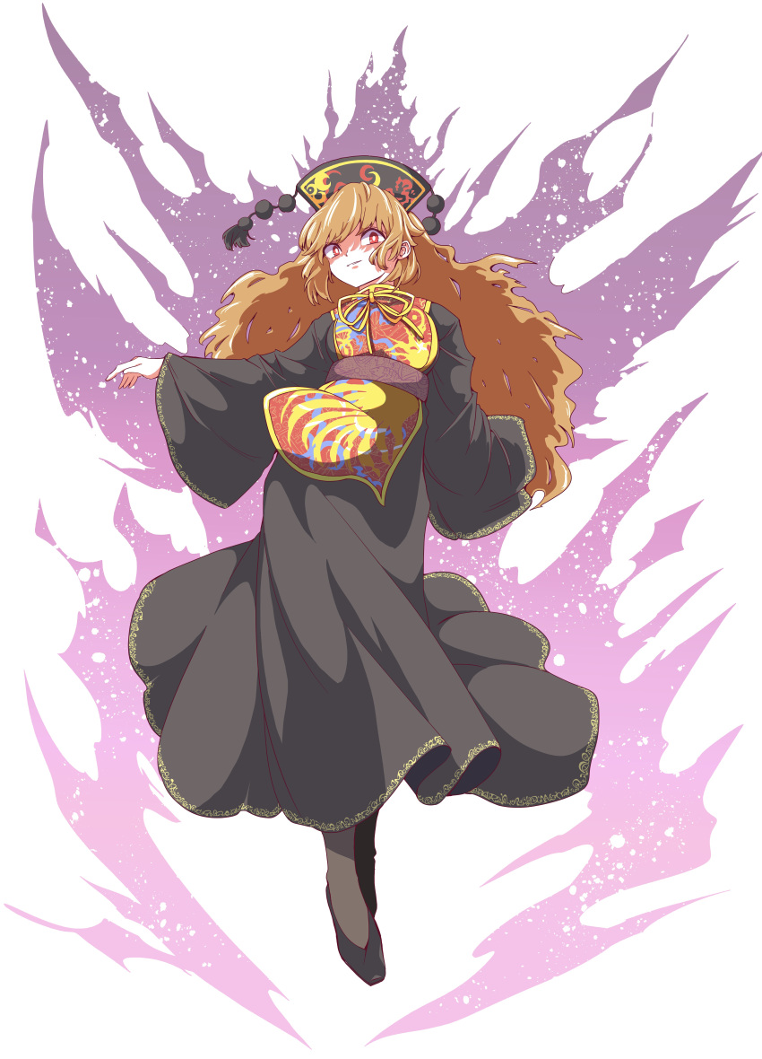 1girl absurdres arms_up bangs belt black_footwear bow bowtie breasts brown_belt chinese_clothes closed_mouth commentary_request crescent dress energy full_body grey_dress grey_headwear grey_pantyhose hands_up hat highres junko_(touhou) long_hair long_sleeves looking_at_viewer medium_breasts orange_hair pantyhose phoenix_crown pom_pom_(clothes) red_eyes shoes simple_background smile solo standing tabard touhou white_background wide_sleeves yellow_bow yellow_bowtie yoiyoimochi