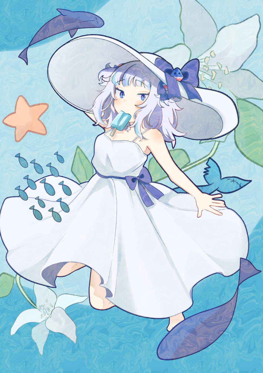 1girl absurdres alternate_costume bangs bare_arms bare_shoulders barefoot blue_eyes dress fish_tail flower food full_body gawr_gura hat hat_ribbon highres hololive hololive_english lily_(flower) looking_at_viewer medium_hair popsicle popsicle_in_mouth ribbon sasakura_(user_srnu7485) school_of_fish shark_tail sidelocks sleeveless sleeveless_dress solo starfish sun_hat sundress tail two_side_up whale white_dress white_hair white_headwear