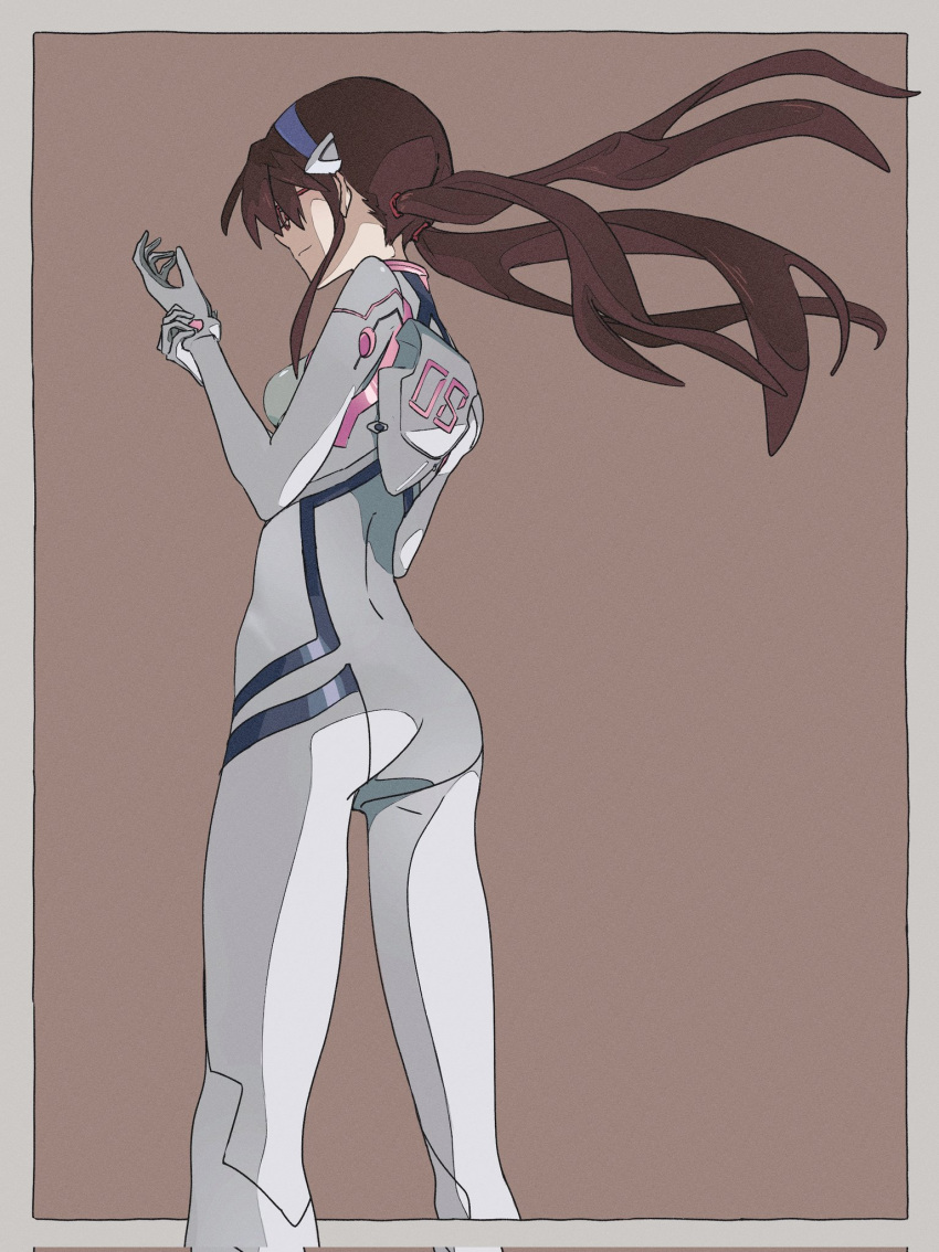 1girl 946083d1 adjusting_clothes ass border brown_background brown_hair closed_mouth film_grain glasses grey_border highres light_smile long_hair makinami_mari_illustrious neon_genesis_evangelion plugsuit red-framed_eyewear simple_background smile solo twintails
