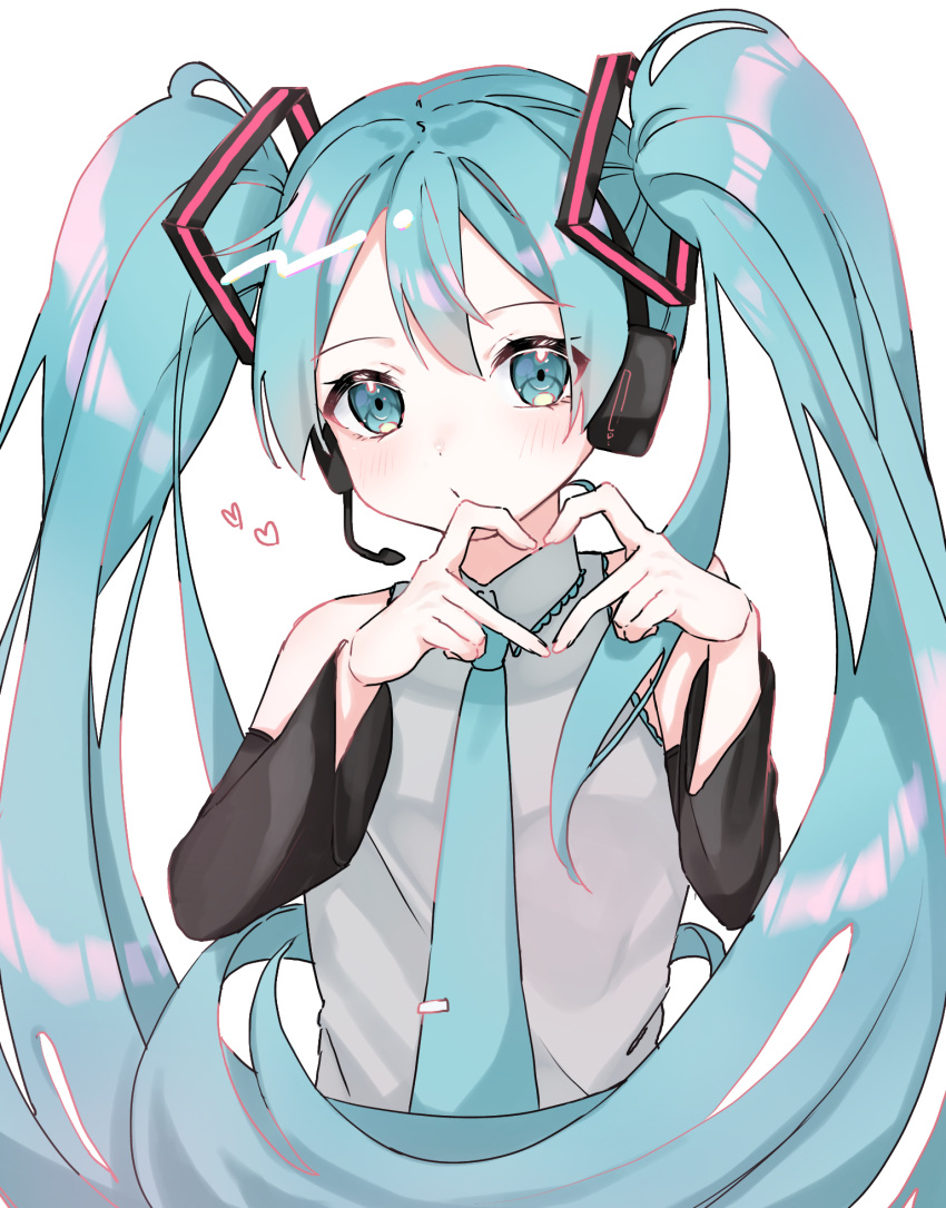 1girl aqua_hair aqua_necktie bangs bare_shoulders black_sleeves blue_eyes check_commentary collared_shirt commentary_request detached_sleeves grey_shirt hair_ornament hatsune_miku headphones heart heart_hands highres light_blush long_hair long_sleeves looking_at_viewer miteinano_(mitei_nano28) necktie shirt simple_background solo twintails very_long_hair vocaloid white_background