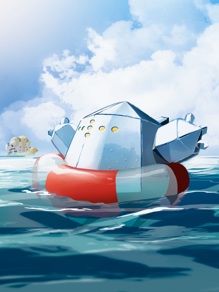 absurdres blue_sky clouds cloudy_sky day duck_innertube highres ice in_water innertube looking_up no_humans ocean outstretched_arms partially_submerged pokemon pokemon_(creature) pokemon_(game) regice regigigas sky striped_innertube suchi_(fsur7444) yellow_eyes
