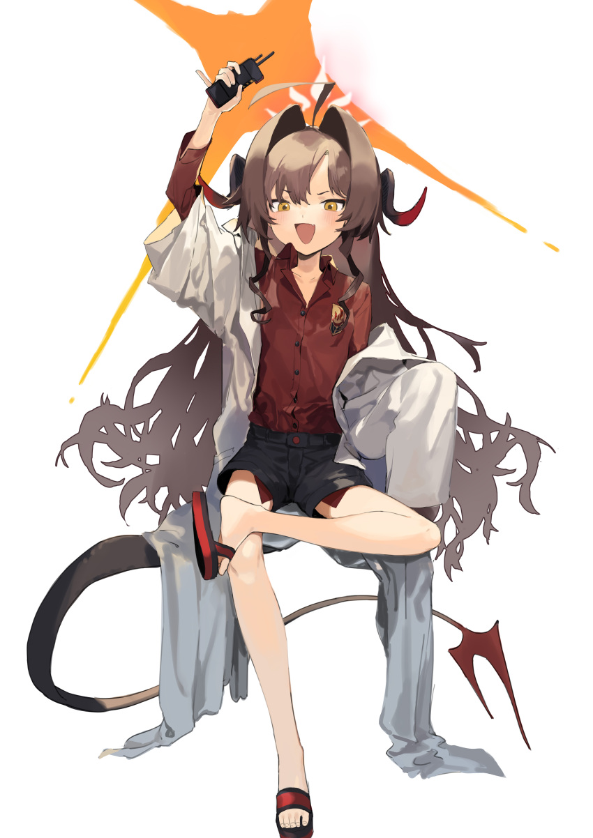 1girl absurdres ahoge arm_up bangs black_shorts blue_archive blush brown_hair coat collared_shirt crossed_legs full_body hair_intakes highres holding horns kasumi_(blue_archive) long_hair looking_at_viewer open_clothes open_coat orange_eyes red_shirt sandals sh_(562835932) shirt shorts solo tail very_long_hair white_coat wide_sleeves