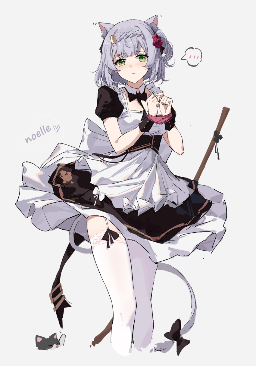 1girl animal animal_ear_fluff animal_ears apron bangs black_bow blush bow braid braided_bangs breasts cat character_name flower garter_straps genshin_impact green_eyes highres lace-trimmed_legwear lace_trim maid maid_apron noelle_(genshin_impact) open_mouth red_flower short_hair simple_background small_breasts solo tail thigh-highs white_hair white_thighhighs yajuu
