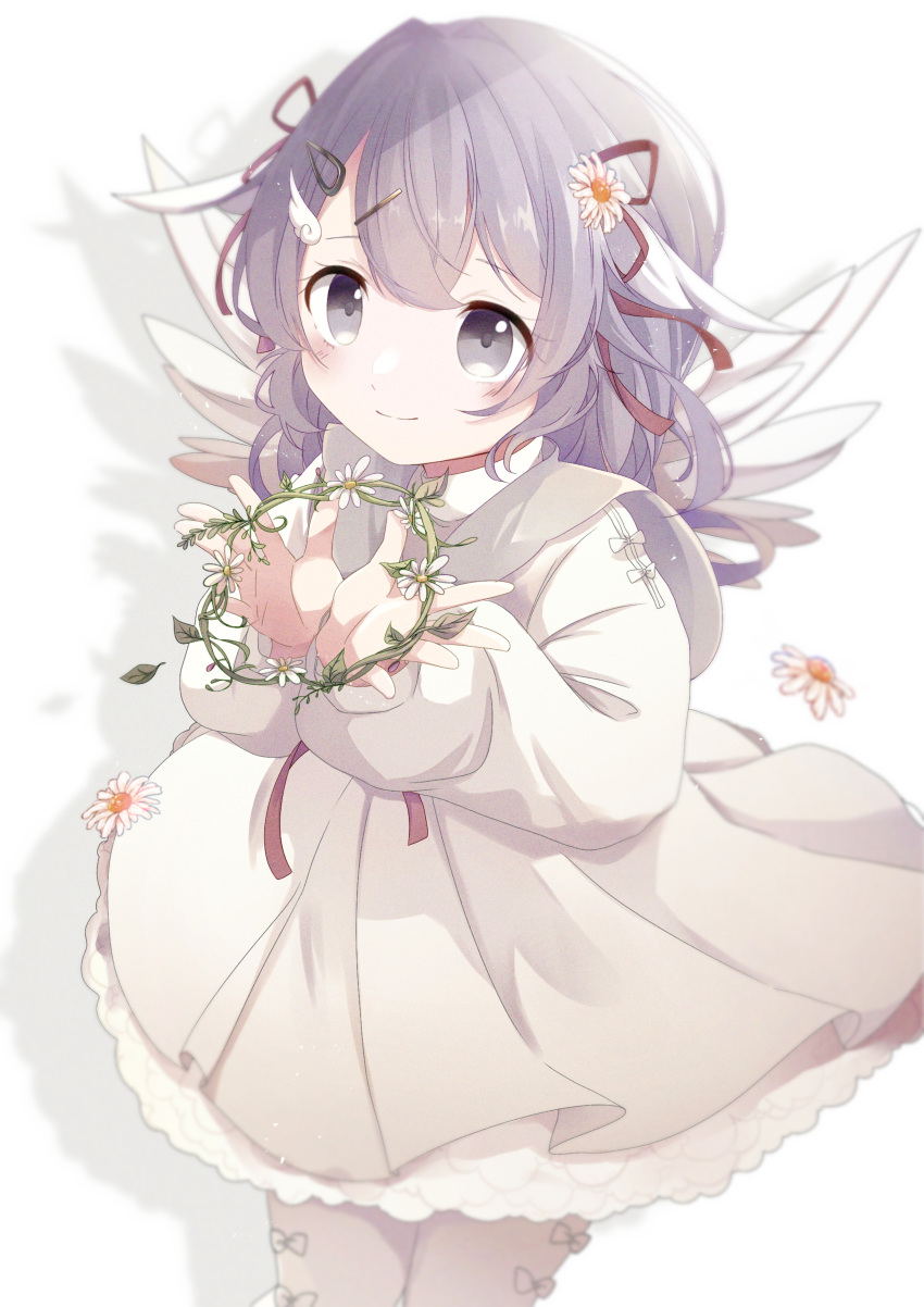 1girl absurdres angel angel_wings blush closed_mouth dada_(relive_project) dress feathered_wings flower grey_eyes grey_hair hair_flower hair_ornament hair_ribbon hairclip head_wreath_removed highres hitsuki_(grace89121522) holding_wreath long_hair long_sleeves looking_at_viewer relive_project ribbon smile solo virtual_youtuber white_dress white_wings wings