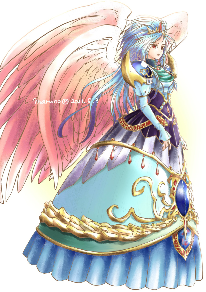 1girl alternate_costume alternate_form angel_wings armor blue_hair breath_of_fire breath_of_fire_ii closed_mouth dress feathered_wings gem highres jewelry long_hair looking_at_viewer maruno nina_(breath_of_fire_ii) pauldrons red_eyes shoulder_armor signature simple_background tiara wings