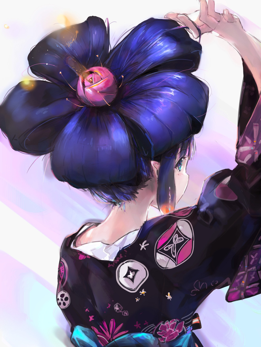 1girl arm_up black_kimono blue_eyes flower flower-shaped_hair from_behind highres hololive hololive_english japanese_clothes kimono long_sleeves ninomae_ina'nis pink_flower pointy_ears print_kimono purple_hair sidelocks solo tallgeese_(lgeesel) upper_body virtual_youtuber