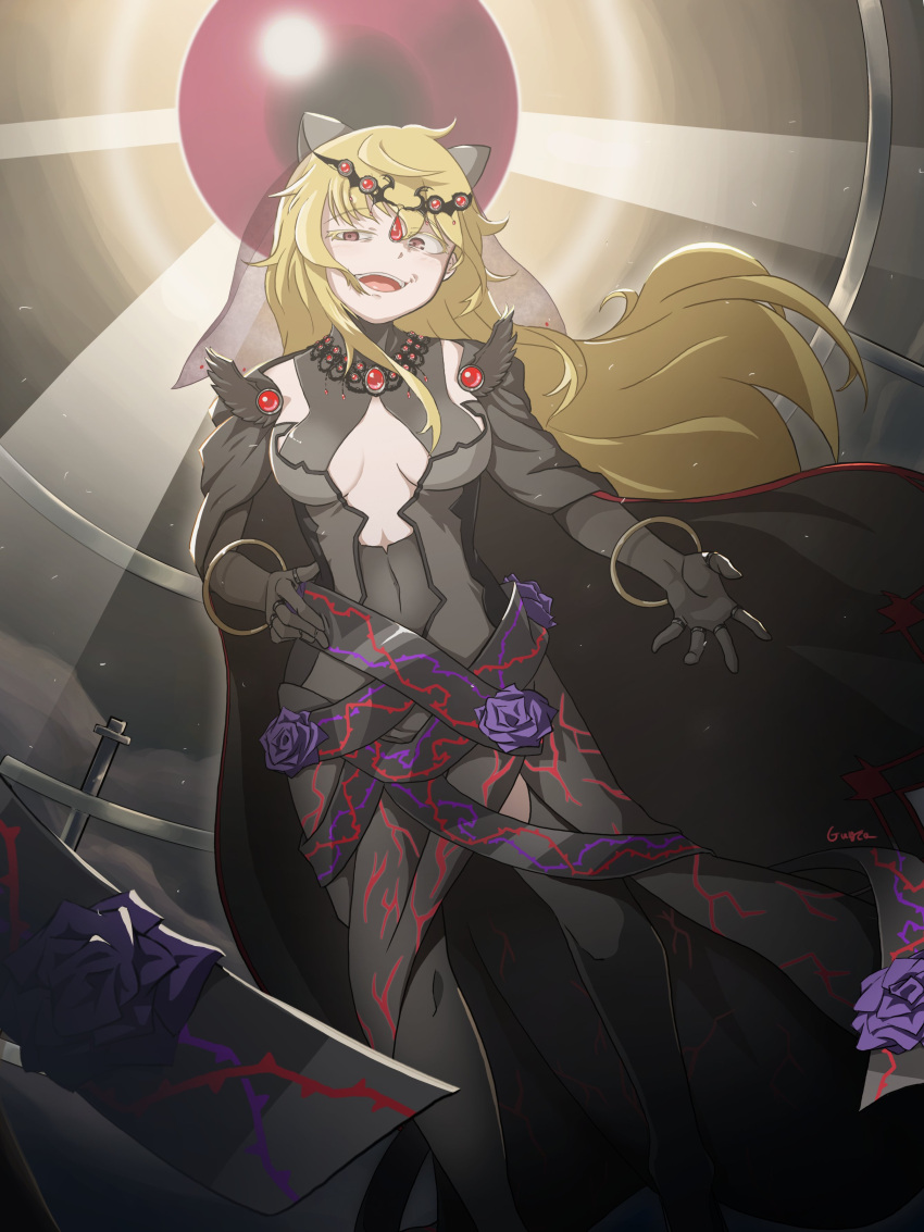 1girl absurdres ahoge black_gloves blonde_hair breasts cape cleavage_cutout clothing_cutout colored_eyelashes cowlick crazy_eyes dress evil_smile flower gloves guyca_braves hand_on_hip highres isabeau_de_baviere_(madoka_magica) jewelry large_breasts long_dress long_hair magia_record:_mahou_shoujo_madoka_magica_gaiden mahou_shoujo_madoka_magica mahou_shoujo_tart_magica messy_hair outdoors outstretched_arm pink_eyes queen ring rose smile solo tall_female wavy_hair