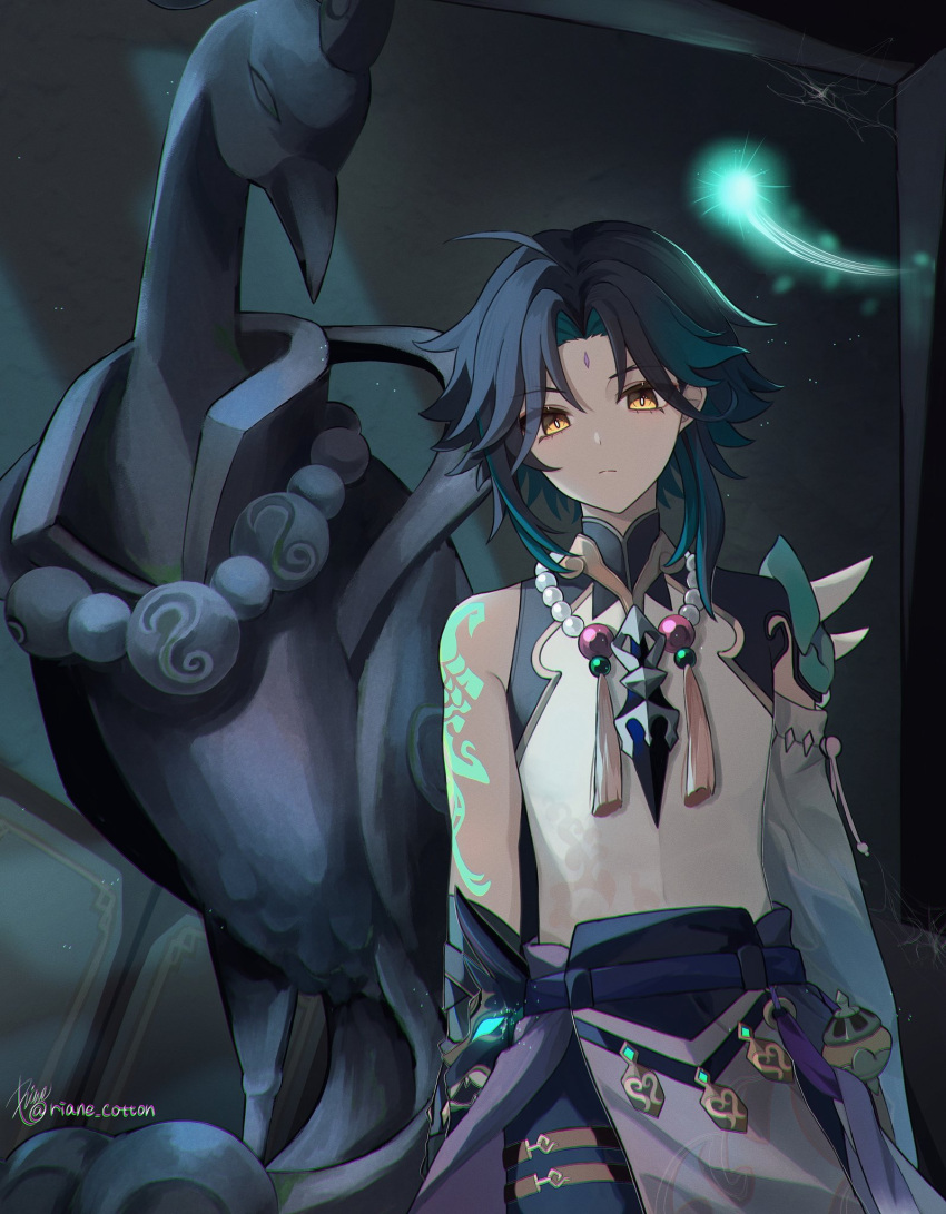 1boy ahoge aqua_hair arm_tattoo armor arms_at_sides artist_name bangs bare_shoulders bead_necklace beads bird black_gloves blue_pants chinese_clothes closed_mouth crane_(animal) detached_sleeves expressionless facial_mark forehead_mark genshin_impact gloves glowing green_hair highres indoors jewelry looking_at_viewer male_focus mask mask_removed multicolored_hair necklace pants parted_bangs pelvic_curtain pervases_(genshin_impact) riane_cotton shirt short_hair shoulder_pads shoulder_spikes sidelocks signature silk single_detached_sleeve single_shoulder_pad sleeveless sleeveless_shirt solo spider_web spikes statue streaked_hair tassel tattoo twitter_username white_shirt xiao_(genshin_impact) yellow_eyes