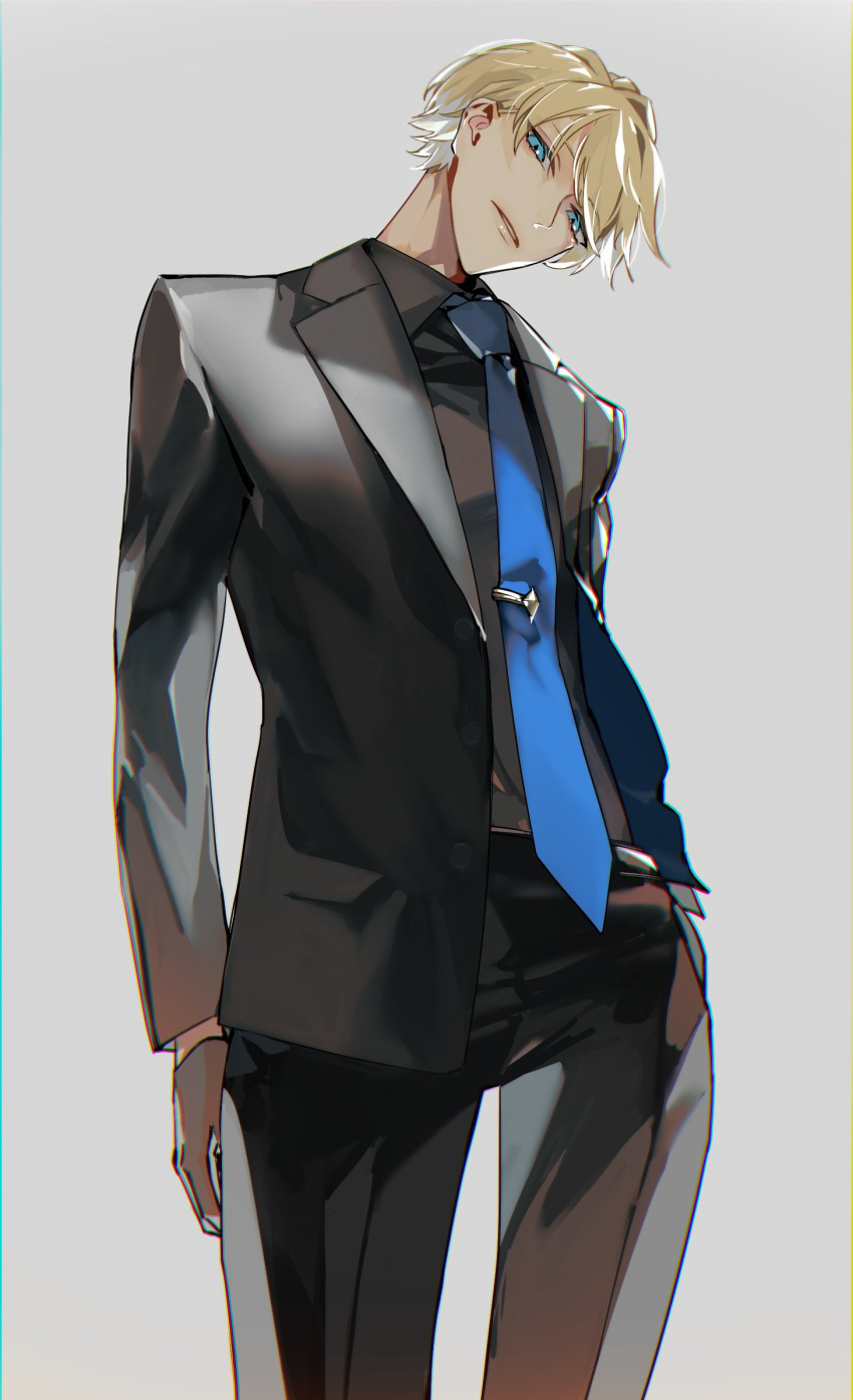 1boy alternate_costume black_gloves black_jacket black_pants black_shirt blonde_hair blue_eyes blue_necktie collared_shirt cowboy_shot formal from_below gloves grey_background hand_in_pocket highres holostars jacket kishido_temma looking_at_viewer male_focus naizou_bug necktie open_clothes open_jacket pants parted_lips shirt short_hair simple_background solo suit_jacket tie_clip virtual_youtuber