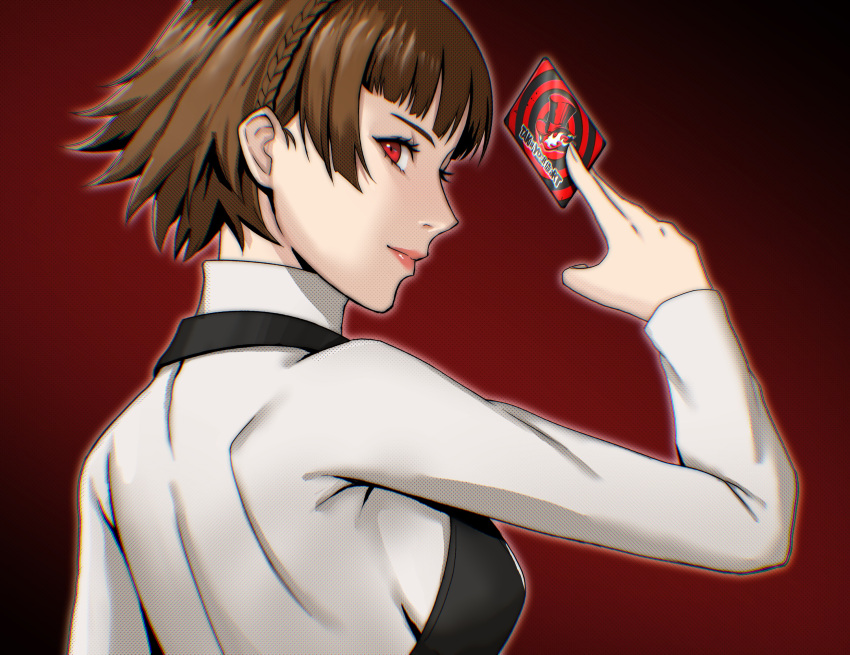 1girl absurdres bangs blunt_bangs braid brown_hair card closed_mouth crown_braid from_side grey_sweater highres holding holding_card ikhwan_maulana long_sleeves niijima_makoto persona persona_5 profile red_background red_eyes shiny shiny_hair short_hair smile solo sweater turtleneck turtleneck_sweater upper_body