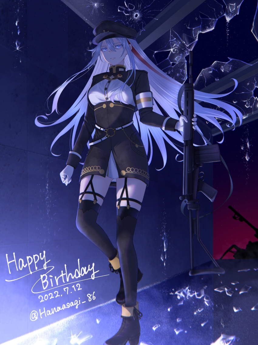 1girl 2022 86_-eightysix- absurdres armband bangs black_footwear black_ribbon black_skirt black_thighhighs dated dress_shirt floating_hair garter_straps grey_eyes gun hair_between_eyes hanaasagi_86 happy_birthday hat high-waist_skirt highres holding holding_gun holding_weapon long_hair long_sleeves military military_uniform miniskirt multicolored_hair parted_lips red_headwear ribbon rifle shirt shrug_(clothing) skirt solo streaked_hair thigh-highs twitter_username uniform very_long_hair vladilena_millize weapon white_hair white_shirt