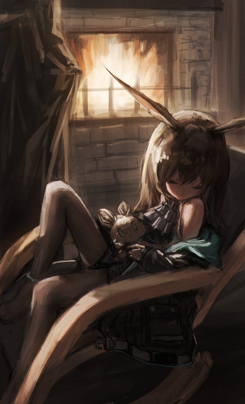 1girl absurdres amiya_(arknights) animal_ears arknights ascot bare_shoulders black_jacket black_pantyhose blue_ascot brown_hair chair character_doll closed_eyes commentary fire fireplace highres holding holding_stuffed_toy indoors jacket jewelry long_hair multiple_rings nepperoni off_shoulder open_clothes open_jacket pantyhose rabbit_ears rabbit_girl ring rocking_chair shirt sitting sleeping sleeping_upright sleeveless sleeveless_shirt solo stuffed_animal stuffed_bunny stuffed_toy thumb_ring white_shirt