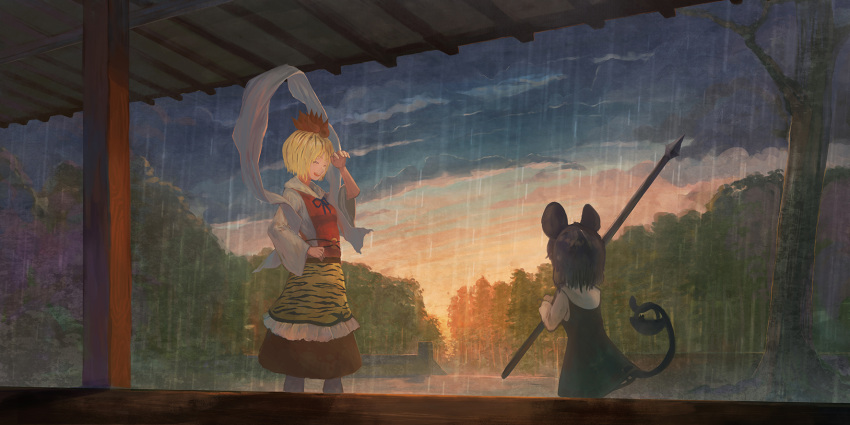 2girls :d animal_ears animal_print basket blonde_hair blue_ribbon closed_eyes clouds cloudy_sky commentary dress dusk facing_another fingernails forest green_hair grey_dress hagoromo hair_ornament hand_up highres holding holding_polearm holding_weapon holding_with_tail hooded_shirt layered_skirt long_sleeves matumasima medium_hair mouse mouse_ears mouse_girl mouse_tail multiple_girls nature nazrin neck_ribbon o-ring outdoors polearm prehensile_tail print_skirt rain red_skirt red_vest ribbon shawl shirt short_hair skirt sky smile sunset tail teeth tiger_print toramaru_shou touhou upper_teeth veranda vest wall weapon white_shirt wide_sleeves