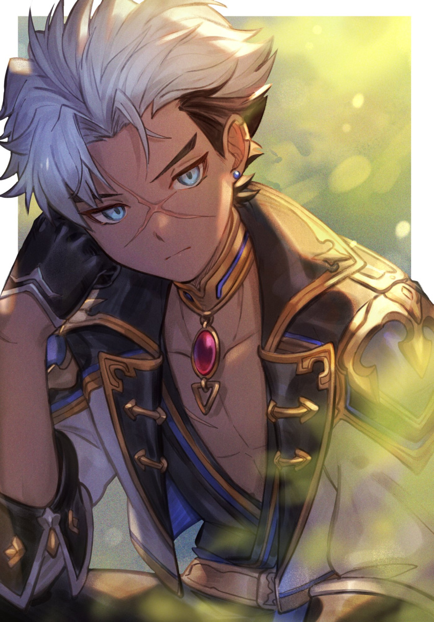 1boy bangs black_gloves black_hair blue_eyes blurry blurry_background closed_mouth earrings gloves hand_on_own_cheek hand_on_own_face head_rest highres hirosdesu jewelry looking_at_viewer male_focus multicolored_hair necklace original scar scar_on_face solo