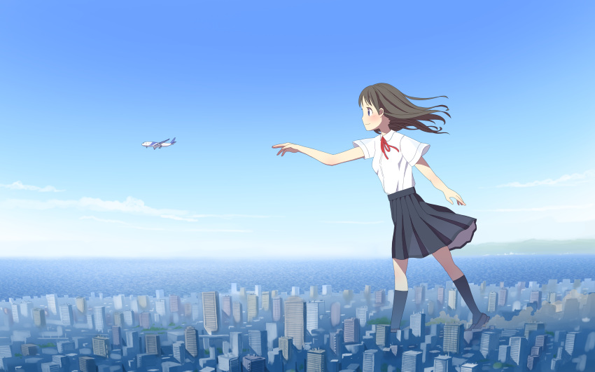 1girl absurdres aircraft airplane bangs blue_sky brown_footwear brown_hair building city closed_mouth clouds collared_shirt day dust_cloud floating_hair from_side giant giantess grey_skirt grey_socks highres horizon loafers long_hair looking_at_object looking_away neck_ribbon ocean original outdoors outstretched_arm pleated_skirt red_ribbon ribbon school_uniform see-through_silhouette shapoco shirt shoes short_sleeves skirt sky skyscraper smile socks solo standing straight_hair throwing violet_eyes white_shirt wide_shot wind
