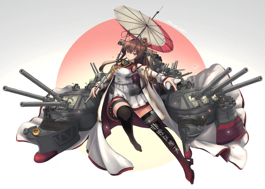 12.7cm/40_type_89_naval_gun 15m_duplex_rangefinder 1girl 46cm/45_type_94_naval_gun absurdres anti-aircraft anti-aircraft_gun asymmetrical_footwear black_footwear boots breasts brown_eyes brown_hair cannon cherry_blossoms clothes_writing clothing_cutout coat coat_on_shoulders collar dual-purpose_gun flower gradient_footwear hair_flower hair_intakes hair_ornament headgear highres holding holding_shell kantai_collection knee_boots large_breasts long_coat long_hair long_sleeves metal_collar multicolored_umbrella oil-paper_umbrella pleated_skirt ponytail range_finder red_footwear red_umbrella rekka_yamato rigging sakuramon searchlight shell shoulder_cutout sidelocks single_knee_boot single_thigh_boot skirt sleeveless_coat smokestack solo thigh_boots thigh_strap torpedo_belt turret type_21_air_search_radar type_94_anti-aircraft_fire_detector type_96_25mm_at/aa_gun umbrella white_coat white_skirt white_umbrella yamato_(kancolle) yamato_kai_ni_(kancolle)
