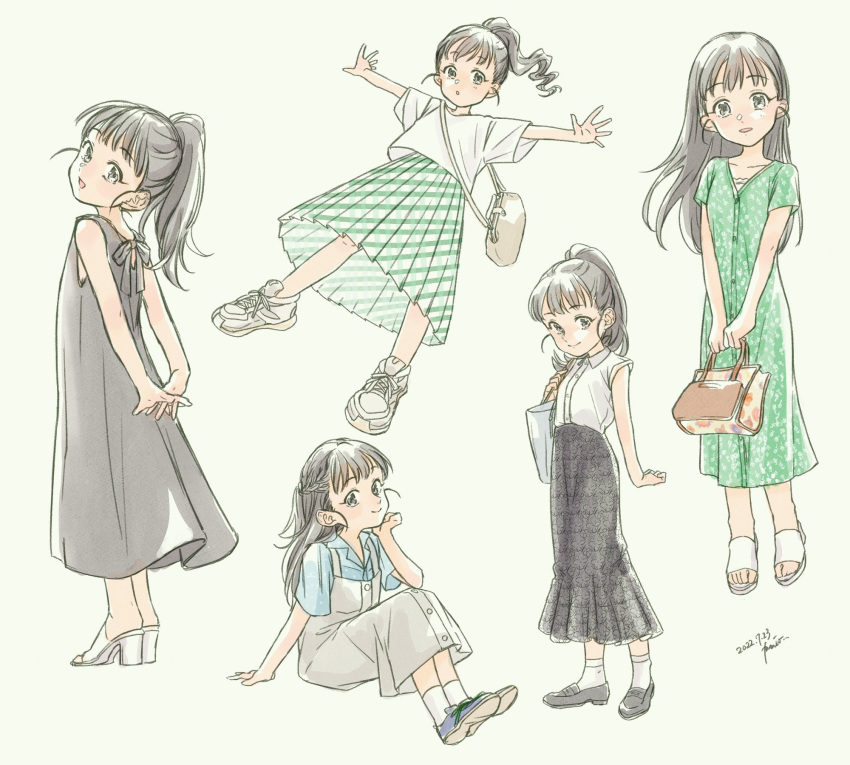 arm_support arms_behind_back bag bangs black_dress black_eyes black_footwear black_hair black_skirt blue_shirt buttons checkered_clothes checkered_skirt child clenched_hand collarbone commentary_request dress flat_chest floral_print fukuyama_mai full_body green_dress green_skirt grey_dress h_vstpy hand_on_own_chin high_heels highres holding holding_bag idolmaster idolmaster_cinderella_girls interlocked_fingers long_hair long_skirt looking_at_viewer looking_back midair multiple_views on_floor outstretched_arms outstretched_legs parted_lips ponytail sandals shirt shoes short_sleeves shoulder_bag sitting skirt sleeveless sleeveless_shirt smile sneakers socks white_background white_footwear white_shirt white_socks wing_collar