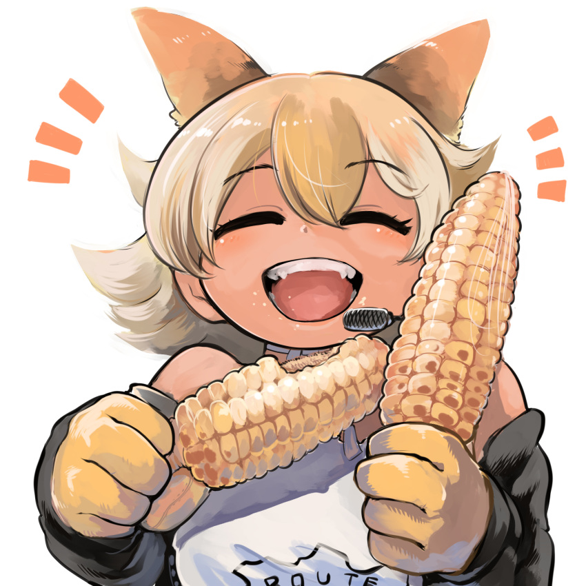 animal_costume animal_ear_fluff animal_ears black_jacket blonde_hair choker corn coyote_(kemono_friends) coyote_ears coyote_girl eating gloves highres jacket kemono_friends kemono_friends_v_project looking_at_viewer mcgunngu microphone open_mouth shirt short_hair simple_background sleeveless sleeveless_shirt smile virtual_youtuber white_background