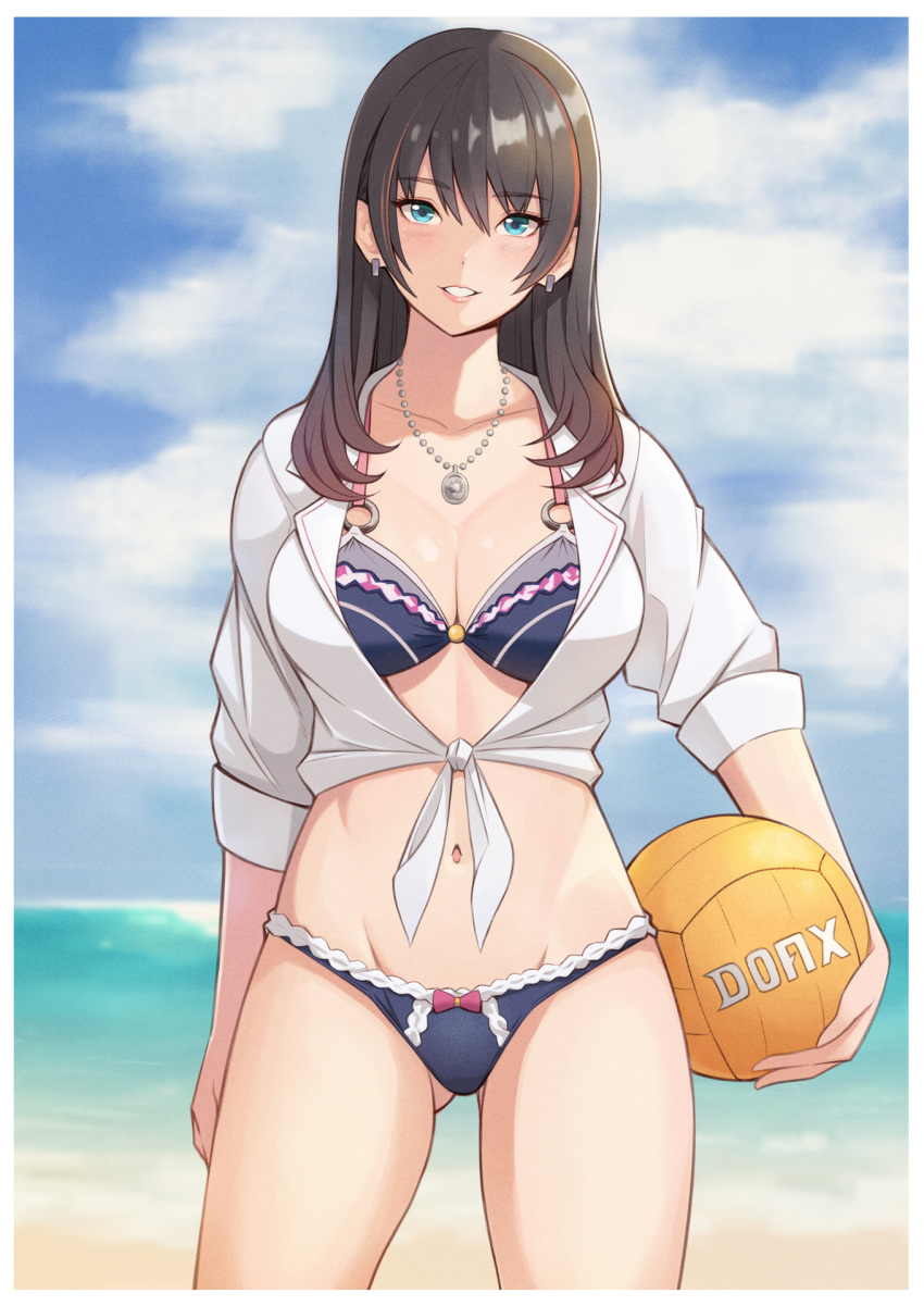 1girl beach bikini blue_eyes bow_swimsuit collar dead_or_alive earrings female highres jewelry konishiki_(52siki) long_hair looking_at_viewer midriff mound_of_venus nanami_(doa) ocean open_mouth sky smile solo swimsuit volleyball volleyball_ball