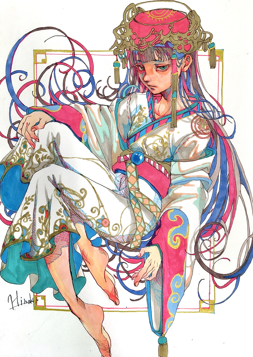 1girl absurdres artist_name bangs blue_eyes blunt_bangs curly_hair highres japanese_clothes kimono long_hair looking_at_viewer marker_(medium) original solo tassel traditional_media tukagamikagera023 very_long_hair white_background white_kimono