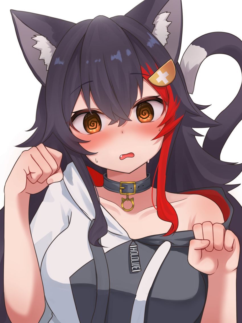 1girl @ absurdres alternate_animal_ears alternate_tail animal_ears black_hair blush breasts cat_ears cat_girl cat_tail fang highres hololive hood hood_down hoodie large_breasts long_hair micon multicolored_hair off_shoulder ookami_mio orange_eyes paw_pose redhead tail two-tone_hair virtual_youtuber