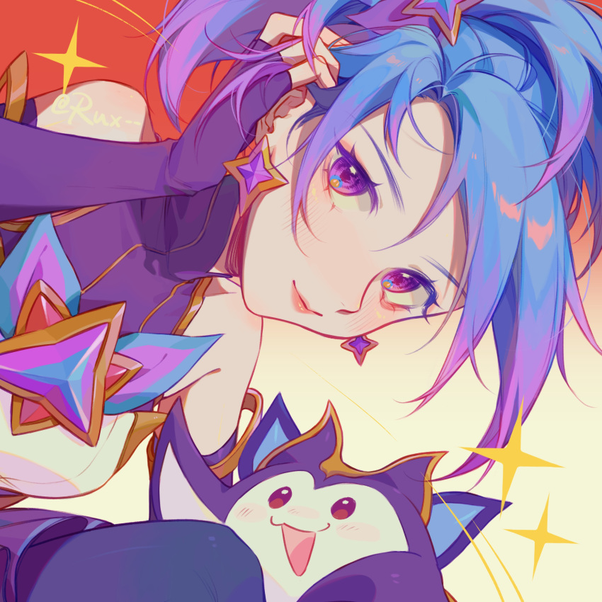 1girl :d absurdres akali artist_name bangs bare_shoulders black_pantyhose blue_hair breasts closed_mouth earrings fingerless_gloves gloves highres jewelry league_of_legends medium_breasts open_mouth pantyhose pink_eyes red_background ruan_chen_yue shiny shiny_hair smile solo sparkle star_(symbol) star_earrings star_guardian_(league_of_legends) star_guardian_akali watermark white_background