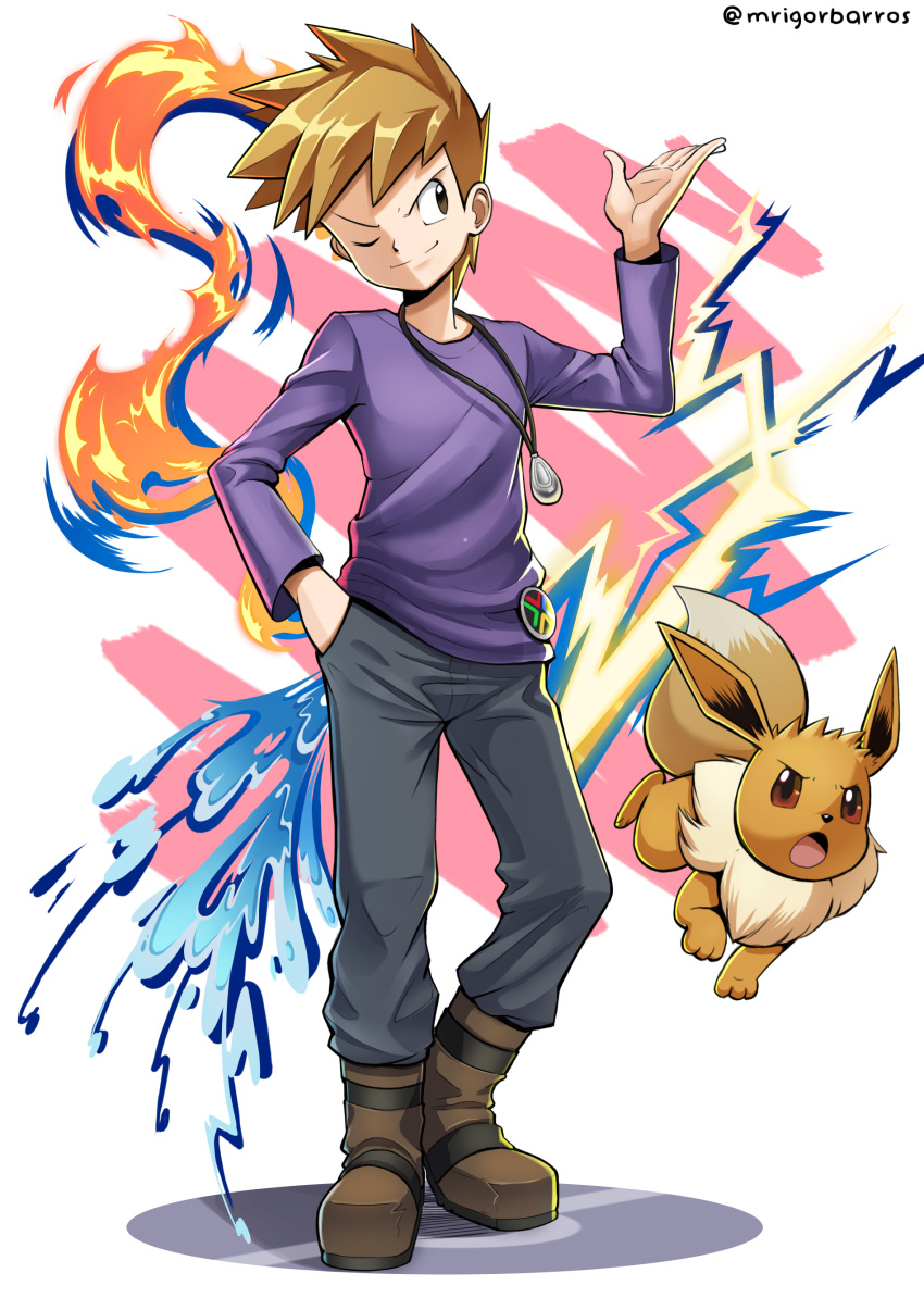 1boy absurdres bangs blue_oak boots brown_footwear closed_mouth commentary eevee full_body grey_pants hand_in_pocket hand_up highres jewelry long_sleeves male_focus mr.thunderigor necklace one_eye_closed pants pokemon pokemon_(creature) pokemon_(game) pokemon_rgby purple_shirt shirt short_hair smile spiky_hair split_mouth symbol-only_commentary