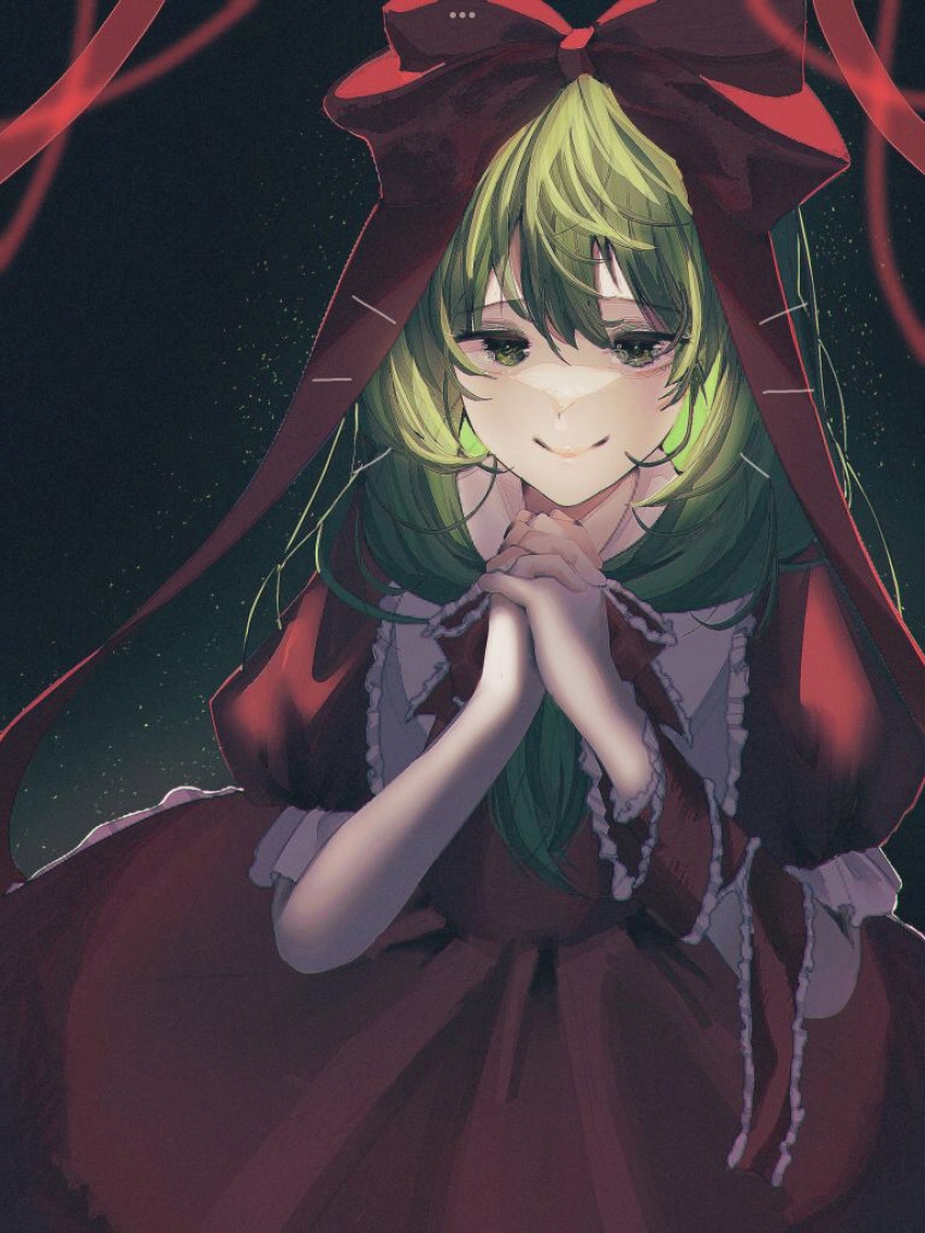 1girl dress frills front_ponytail green_eyes green_hair hair_ribbon half-closed_eyes highres interlocked_fingers kagiyama_hina light_particles looking_at_viewer own_hands_clasped own_hands_together red_dress ribbon smile solo toho_sweet touhou