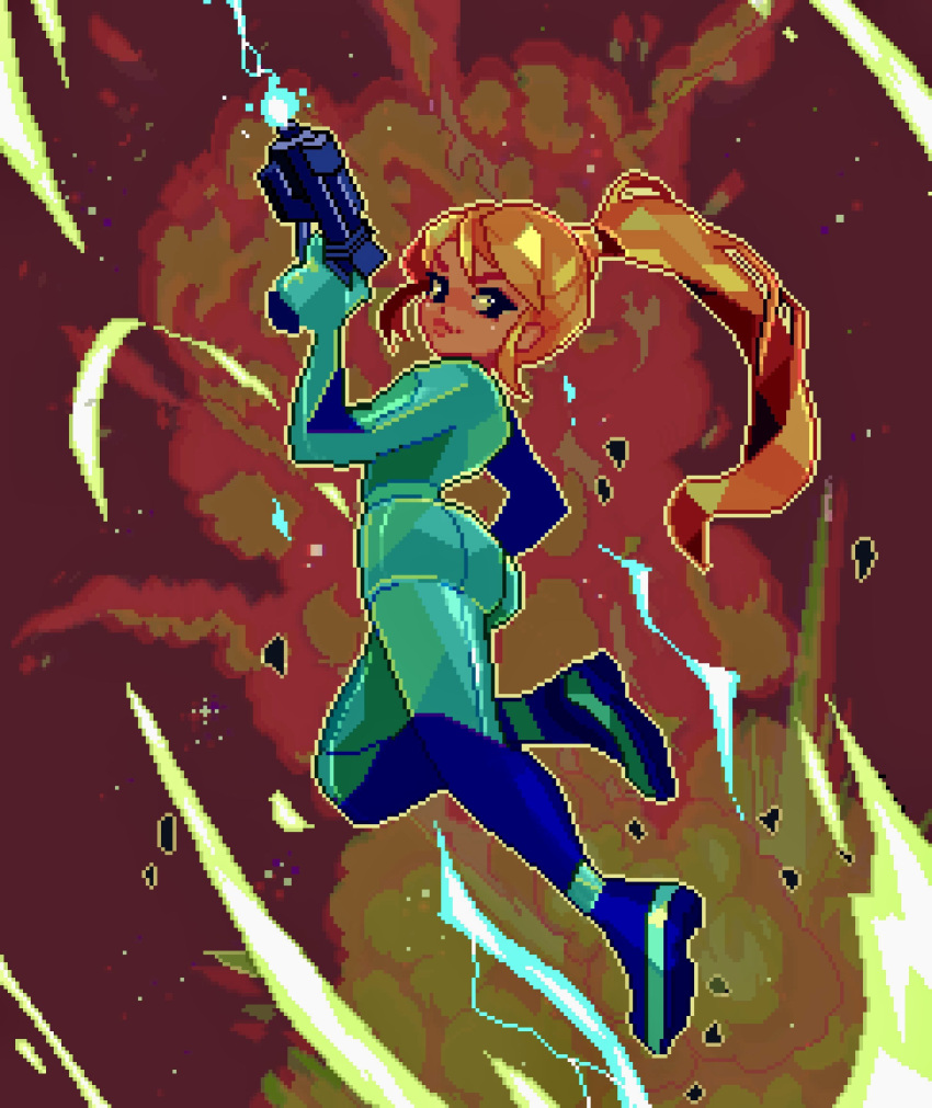 1girl absurdres blonde_hair blue_bodysuit blue_eyes bodysuit dez english_commentary explosion firing gun highres holding holding_gun holding_weapon long_hair looking_at_viewer metroid pixel_art ponytail samus_aran skin_tight solo weapon zero_suit