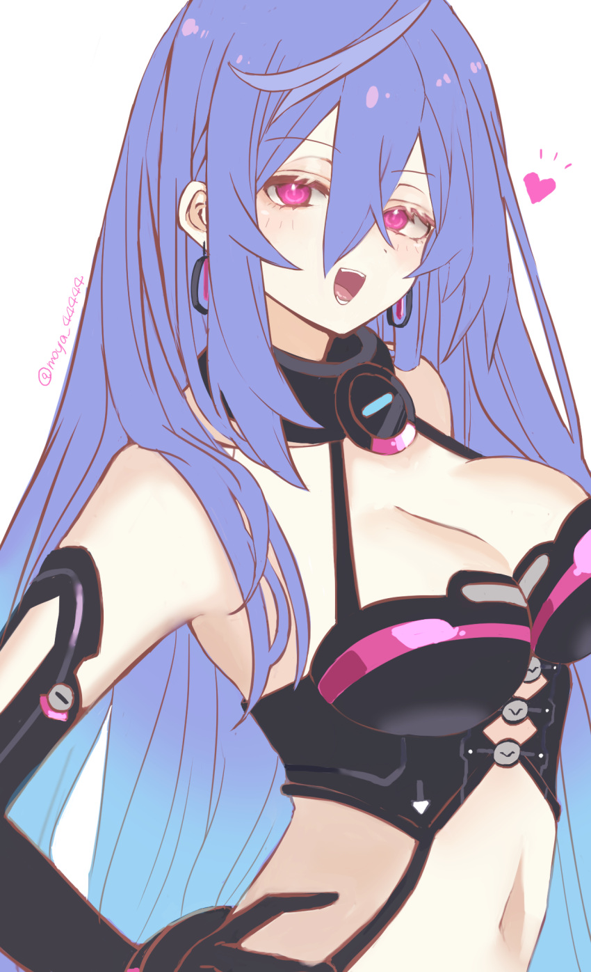 1girl :d bare_shoulders black_gloves blue_hair blush breasts detached_collar earrings elbow_gloves from_side gloves gradient_hair hand_on_hip heart highres iris_heart jewelry kami_jigen_game_neptune_v large_breasts leaning_back long_hair looking_at_viewer medium_breasts midriff moya_44444 multicolored_hair navel neptune_(series) pink_eyes power_symbol purple_hair sleeveless smile solo symbol-shaped_pupils upper_body very_long_hair