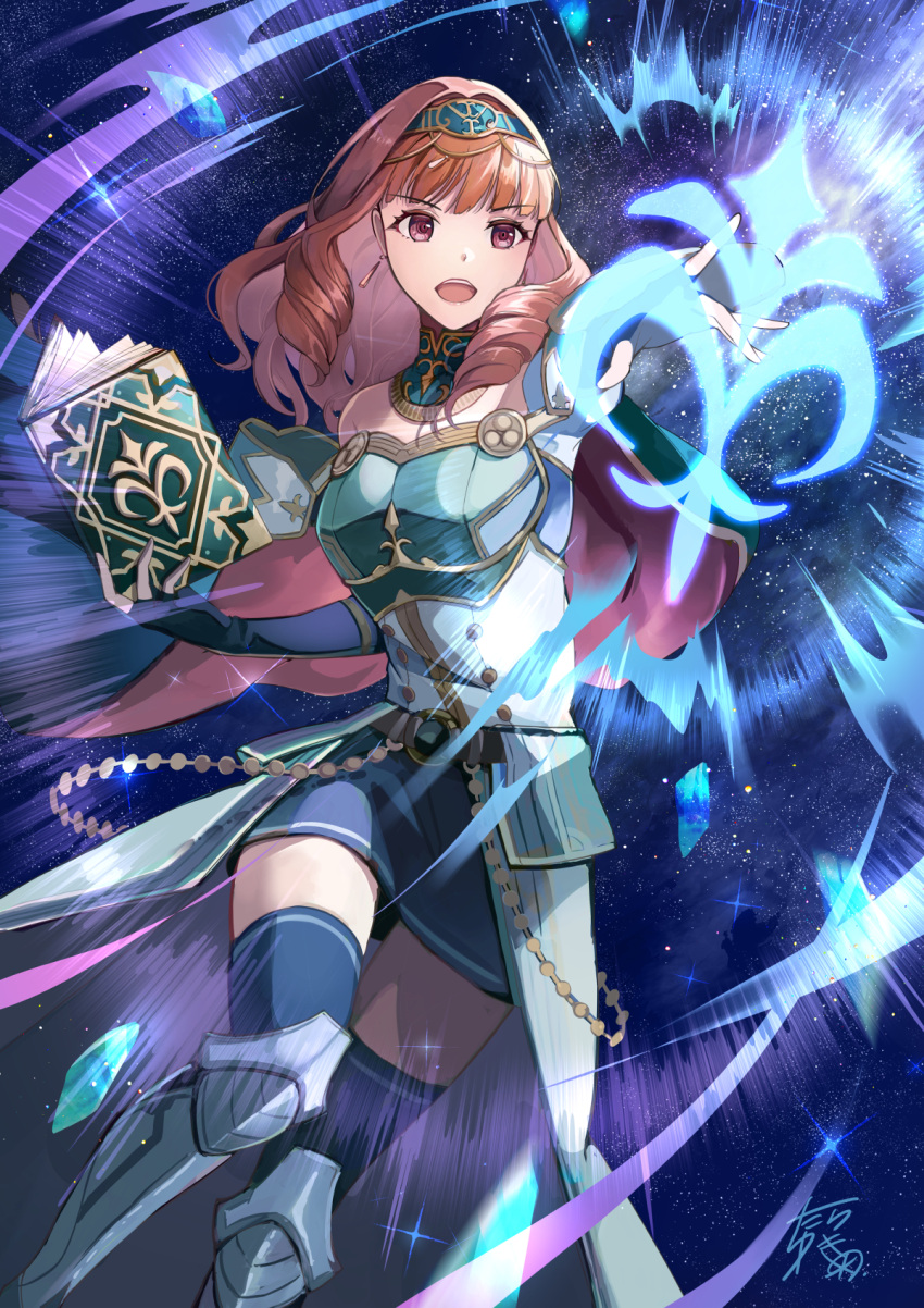 1girl armored_boots bare_shoulders black_gloves black_thighhighs book boots celica_(fire_emblem) crown earrings elbow_gloves fingerless_gloves fire_emblem fire_emblem_echoes:_shadows_of_valentia fire_emblem_heroes gem gloves gold_trim highres holding holding_book jewelry light_particles official_alternate_costume open_mouth overskirt red_eyes redhead signature skirt solo tarayuki thigh-highs tiara zettai_ryouiki