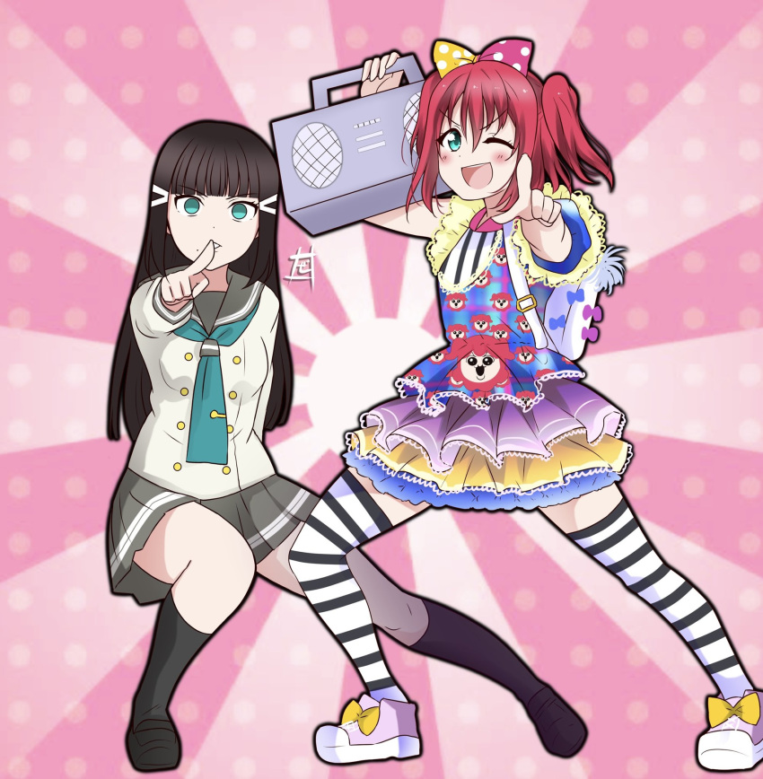 2girls ;d aqua_eyes aqua_neckerchief backpack bag bangs black_footwear black_hair black_outline black_socks blue_dress blunt_bangs blush boombox bow brown_shirt buttons commentary cotton_candy_ei-ei-oh! double-breasted dress footwear_bow grey_sailor_collar grey_skirt hair_bow highres hime_cut holding kurosawa_dia kurosawa_ruby layered_skirt loafers long_hair looking_at_viewer love_live! love_live!_sunshine!! medium_hair miniskirt multiple_girls neckerchief one_eye_closed open_mouth outline pink_background pink_footwear pleated_skirt pointing pointing_at_viewer polka_dot polka_dot_background polka_dot_bow print_dress redhead sailor_collar school_uniform shirt shoes short_dress short_sleeves siblings signature sisters skirt smile sneakers socks straight_hair striped striped_legwear sunburst sunburst_background tie_clip two-tone_bow two_side_up uranohoshi_school_uniform v-shaped_eyebrows white_bag winter_uniform yellow_bow zero-theme