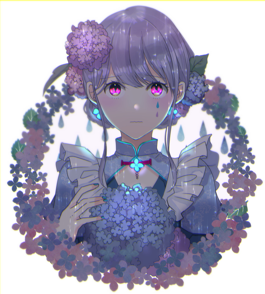 1girl bangs closed_mouth commentary_request flower hair_flower hair_ornament highres hydrangea light_purple_hair looking_at_viewer maid original pink_eyes solo tears upper_body yamamoto_makuya