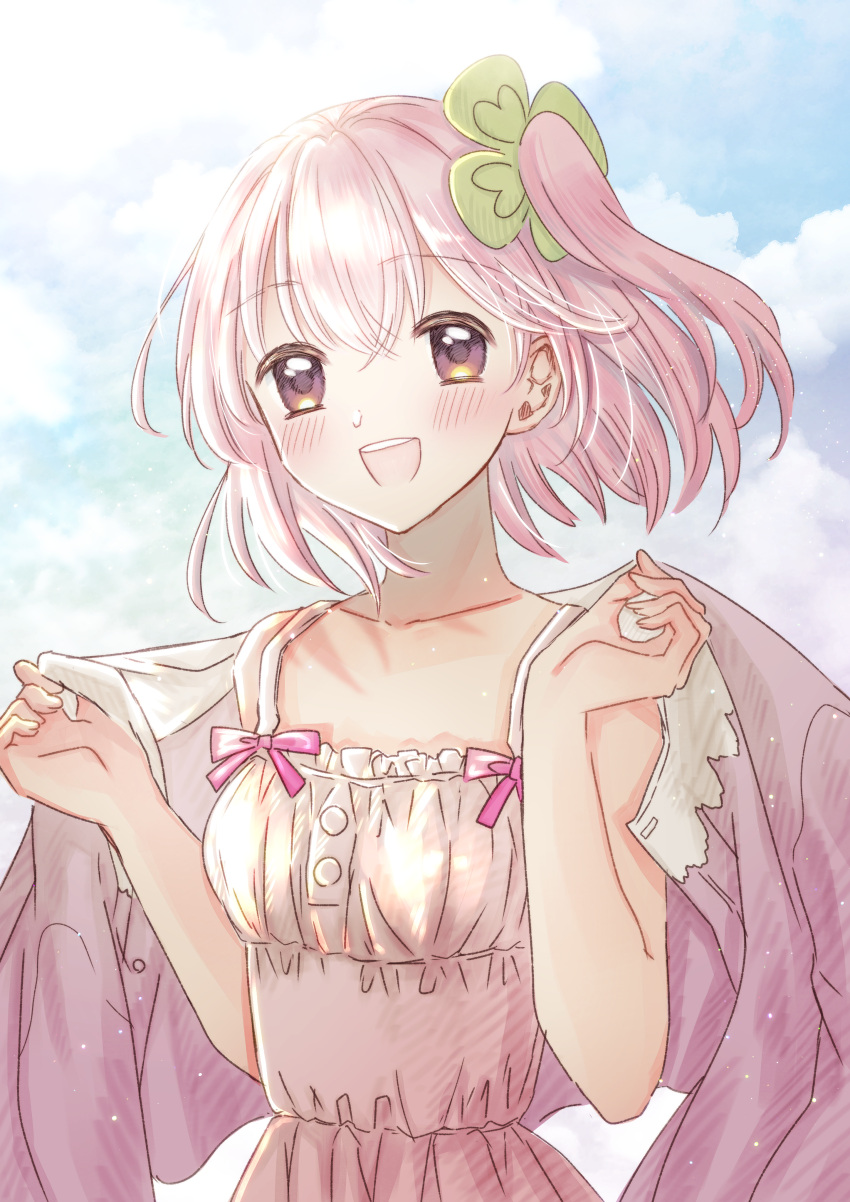 1girl :d absurdres assault_lily bangs bare_arms bare_shoulders blue_sky blush bow buttons clouds clover_hair_ornament collarbone crossed_bangs day dress dress_bow fingernails four-leaf_clover_hair_ornament frilled_dress frills hair_between_eyes hair_ornament hands_up highres hitotsuyanagi_riri holding holding_clothes holding_jacket jacket jacket_removed light_particles long_sleeves looking_at_viewer one_side_up open_mouth outdoors pink_bow pink_eyes pink_hair pink_jacket pohjola shiny shiny_hair short_hair sky smile solo standing sundress teeth upper_body upper_teeth white_dress