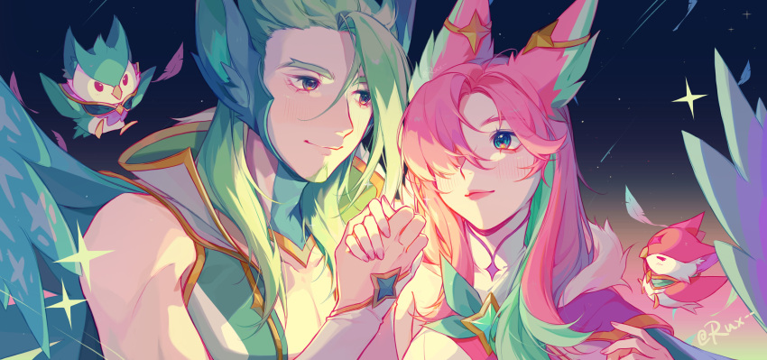 1boy 1girl absurdres animal_ears bangs bird blush cape closed_mouth eye_contact feathers fox_ears fur_trim gloves gradient gradient_background green_hair hair_over_one_eye hetero highres holding_hands league_of_legends long_hair looking_at_another multicolored_hair pink_background pink_hair portrait rakan_(league_of_legends) ruan_chen_yue smile space star_guardian_rakan star_guardian_xayah two-tone_hair white_gloves wings xayah