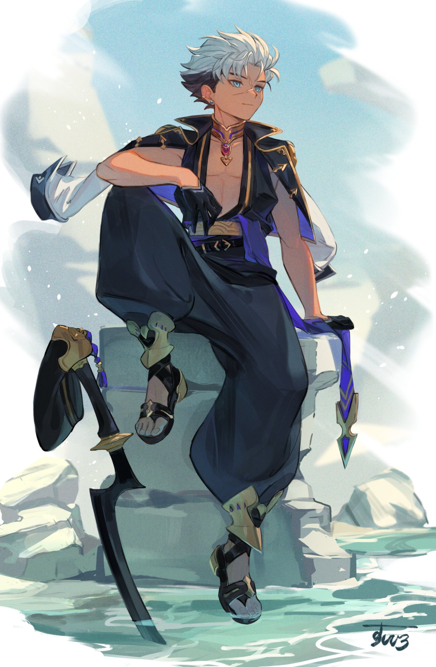 1boy absurdres black_gloves black_hair blue_eyes day earrings gloves highres hirosdesu ice ice_cube jewelry looking_to_the_side male_focus multicolored_hair necklace original puffy_pants sandals scar scar_on_face sitting solo staff toes two-tone_hair water white_hair