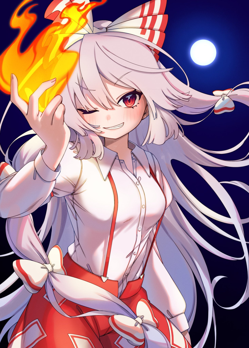 1girl ;) bangs blush bow collared_shirt commentary cowboy_shot e_sdss fire fujiwara_no_mokou full_moon grin hair_bow highres long_hair long_sleeves looking_at_viewer moon night night_sky ofuda ofuda_on_clothes one_eye_closed pants pyrokinesis red_bow red_pants shirt sky smile solo suspenders touhou two-tone_bow v-shaped_eyebrows white_bow white_hair white_shirt wing_collar