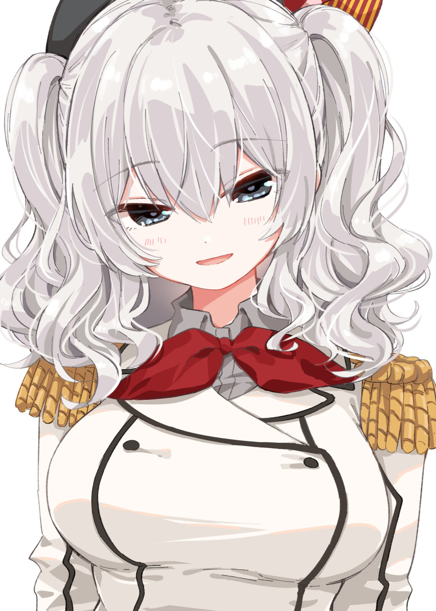1girl absurdres blue_eyes breasts buttons epaulettes grey_hair highres jacket kantai_collection kashima_(kancolle) large_breasts long_sleeves looking_at_viewer matsuda_hikari military military_jacket military_uniform neckerchief red_neckerchief sidelocks simple_background solo tsurime twintails uniform upper_body wavy_hair white_background white_jacket
