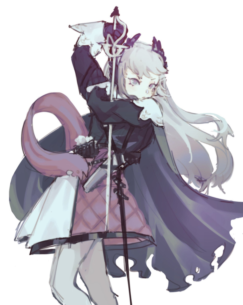 1girl ammunition_belt arknights black_cape black_dress cape dress feet_out_of_frame grey_eyes grey_hair gun handgun hands_up head_wings highres holding holding_sword holding_weapon holstered_weapon irene_(arknights) june_(nakjimya2) long_hair looking_at_viewer multicolored_clothes multicolored_dress pantyhose pink_dress rapier red_pupils scarf short_hair simple_background solo sword v-shaped_eyebrows weapon white_background white_dress white_pantyhose