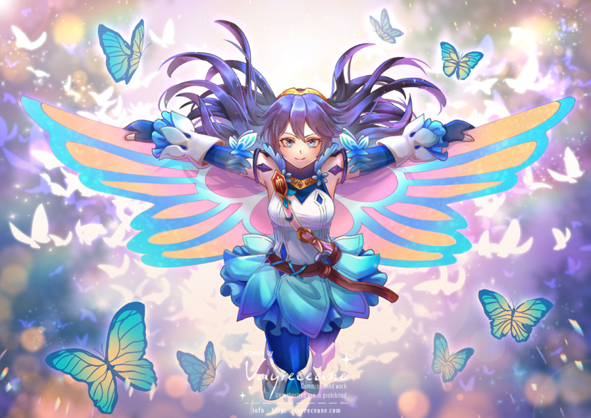 1girl bangs blue_eyes blue_gloves blue_hair bug butterfly butterfly_wings elbow_gloves fairy_wings fingerless_gloves fire_emblem fire_emblem_awakening fire_emblem_heroes gloves long_hair looking_at_viewer lucina_(fire_emblem) official_alternate_costume sleeveless smile solo tiara vayreceane wings